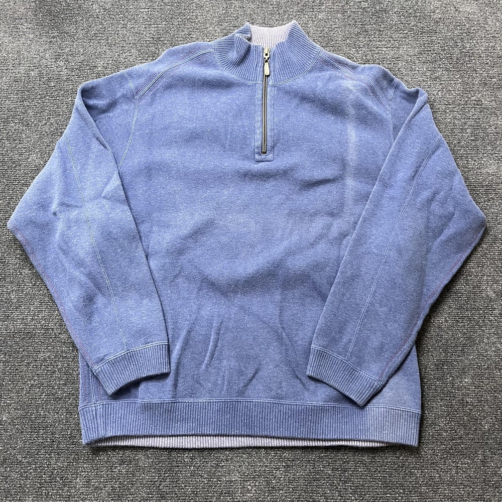 Tommy Bahama Sweater Mens XL‎ Blue 1/4 Zip Mock Neck Knit Pullover Long Sleeve
